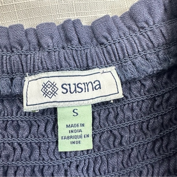 Susina size Small Blue Linen Blend Smocked Jumpsuit - Picture 15 of 15